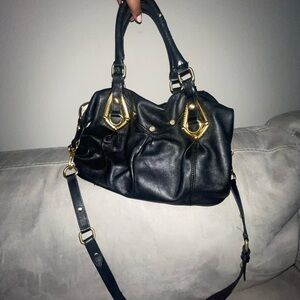 Black and Gold Leather Satchel with Adjustable Strap